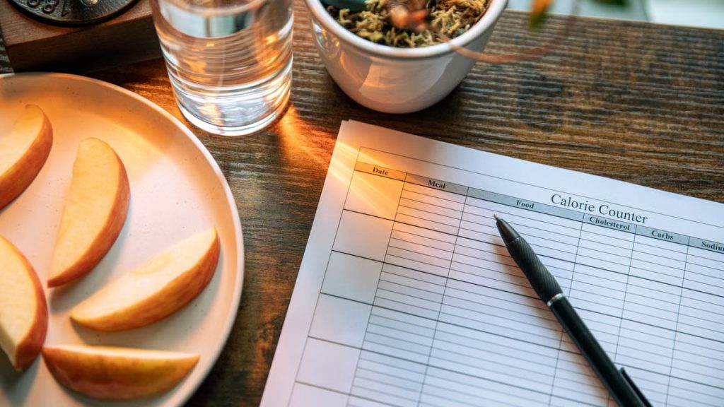 Calorie counting setup with apple slices and glass of water on a wooden table.